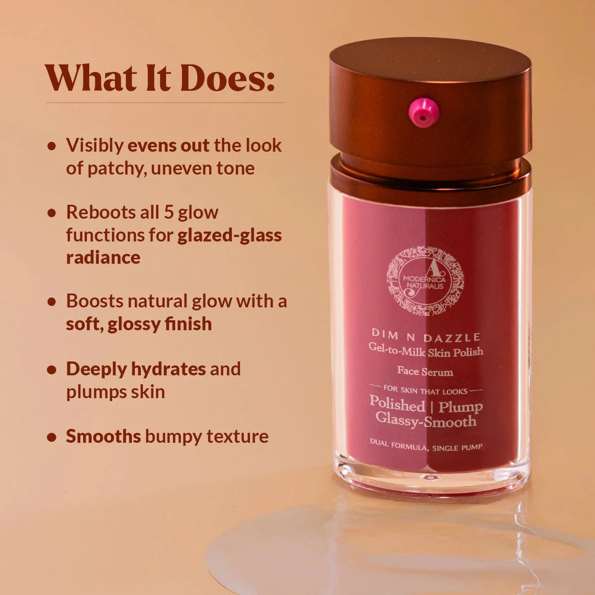 Dim N Dazzle Gel-to-Milk Skin Polish Face Serum – Even-tones and Plumps for Glassy, Polished looking skin – Enriched with Banafsha and Western Dock Plant – Best Double Serum for Polished, Plumped, Glassy-Smooth Skin Serum A Modernica Naturalis