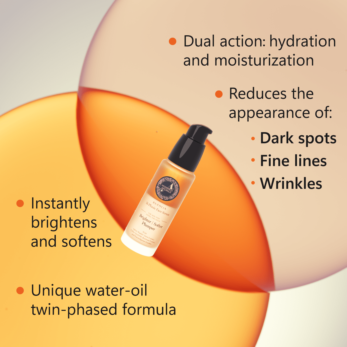 Rufolia Bi-Phasic Face Serum – Brightens, Softens and Plumps Dull, Crepey, Aging Skin – Water-Oil Hybrid Serum with Manjistha, Tomato, Coffee Seed & Plant-based Squalane – Best Bi-Phasic Face Serum For Mature Skin - With Clinically Proven Ingredients Face Serum A Modernica Naturalis