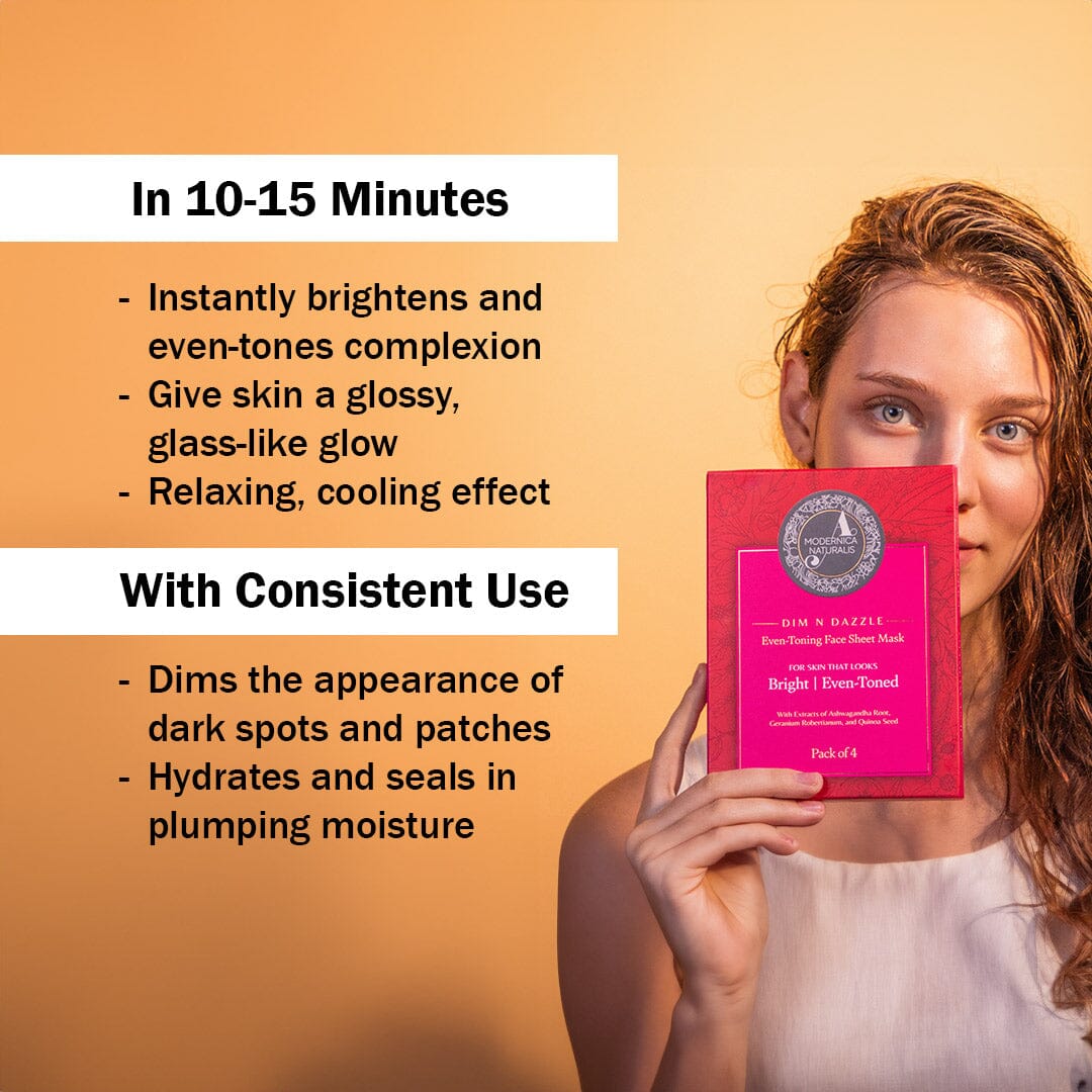 Dim N Dazzle Even-Toning Face Sheet Mask – Brightens, Hydrates Dull, Dry, Aging Textured Skin - Unique ‘Serum-Drench Method’ with Sappan Wood Bark &amp; Manjistha – Best Banana Fiber Sheet Mask for Glowing, Glass-Like Skin Face Mask A Modernica Naturalis 