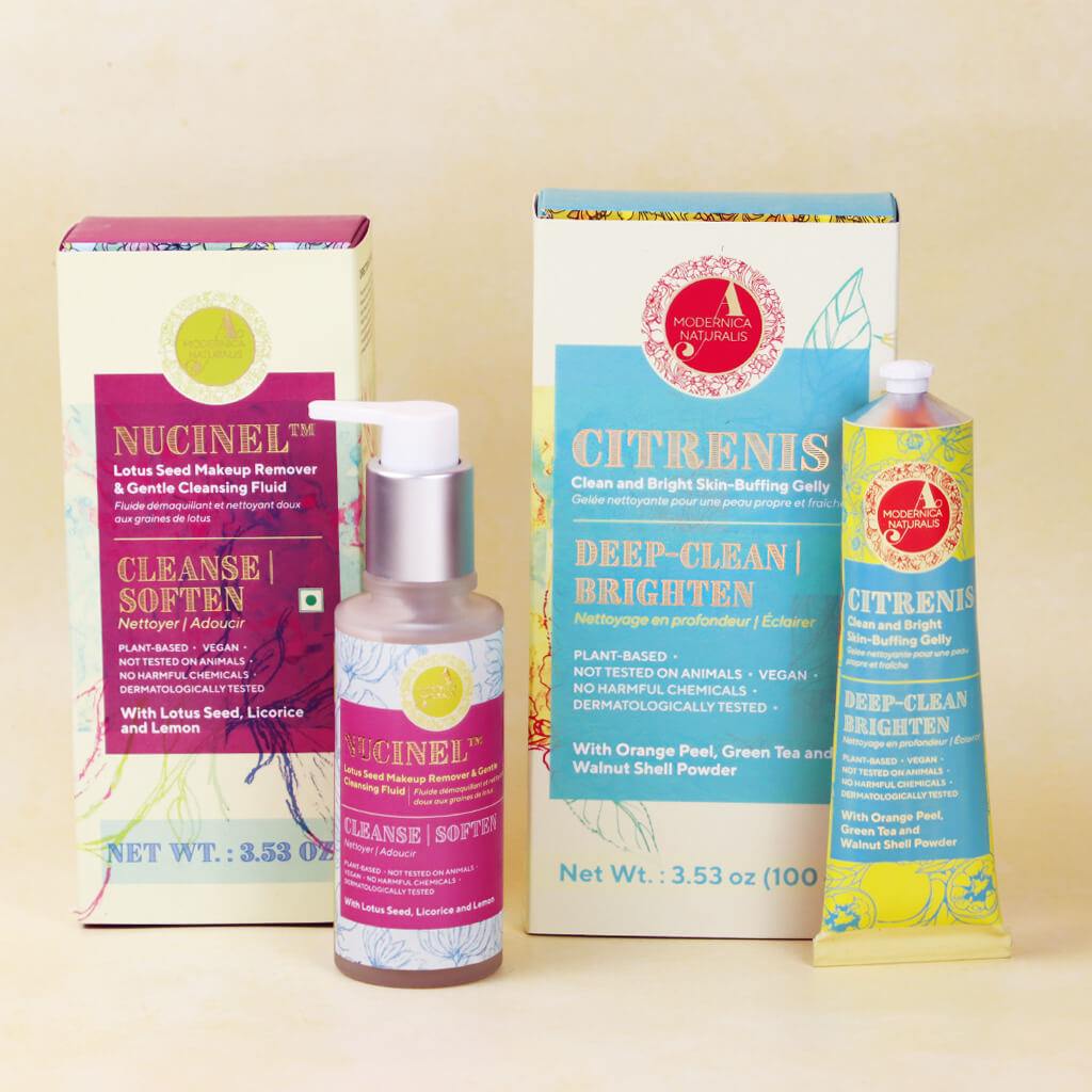 Hydra-Moisture Cleanser &amp; Exfoliator Duo - With Nucinel Makeup Remover and Gentle-Cleansing Fluid &amp; Citrenis Clean and Bright Skin-Buffing Gelly Face scrub A Modernica Naturalis 