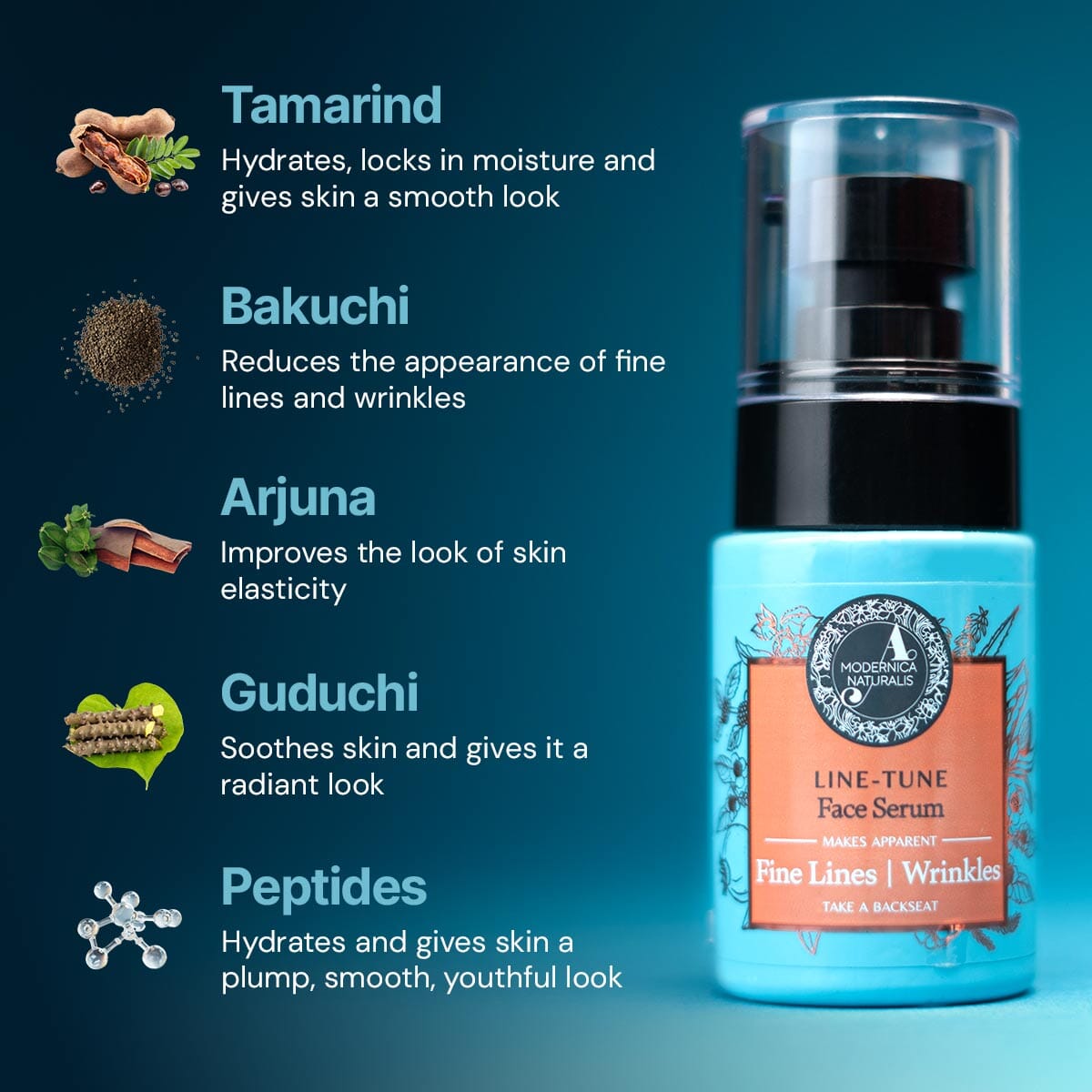 Line-Tune Face Serum – Reduces the Appearance of Fine Lines &amp; Wrinkles – Hydrating Formula with Tamarind, Bakuchi, Arjuna, Guduchi &amp; Peptides – Best Face Serum for Aging Skin with Fine Lines &amp; Wrinkles – With Clinically Tested Ingredient Combinations Face Serum A Modernica Naturalis 