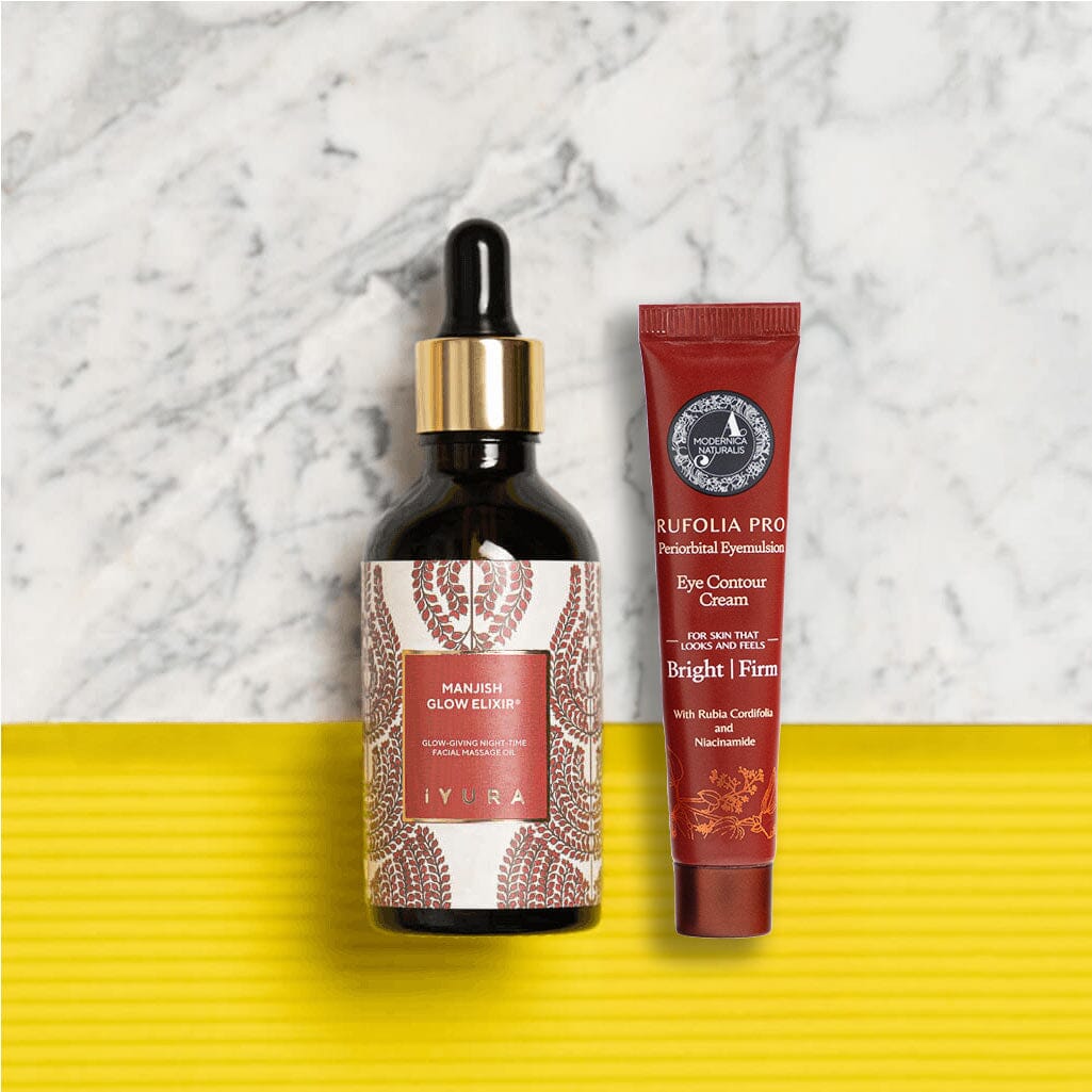 Manjistha Eye &amp; Face Duo: Rufolia PRO Periorbital Eyemulsion and Manjish Glow Elixir Beauty set The Ayurveda Experience 