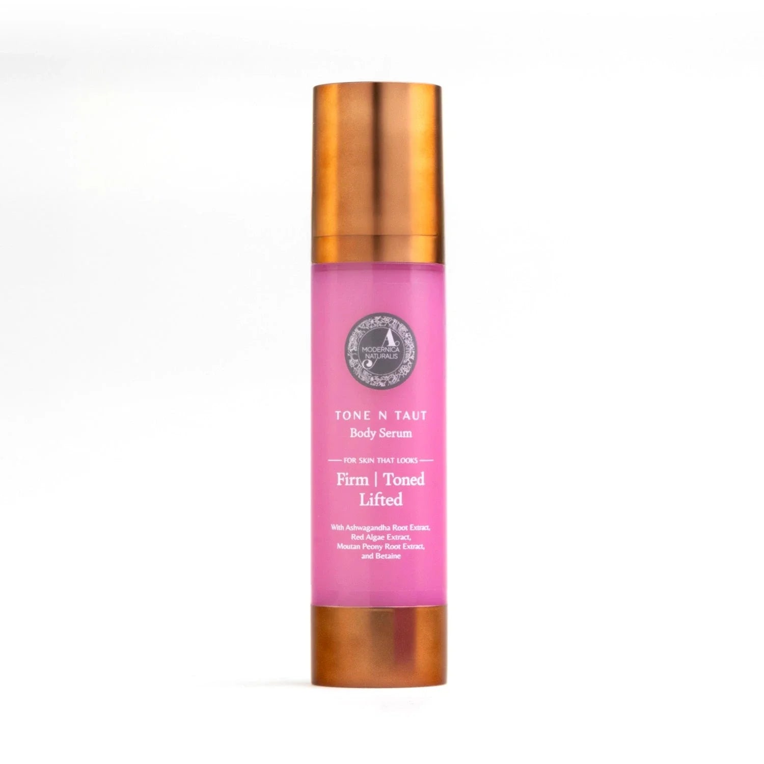 Tone N Taut Body Serum pump bottle on a white background. Label: For skin that looks firm, toned, lifted. With Ashwagandha Root Extract, Red Algae Extract, Moutan Peony Root Extract, and Betaine
